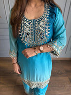 Elegant Turquoise Blue Chinon Silk Straight Kurta Pant Set