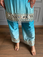 Elegant Turquoise Blue Chinon Silk Straight Kurta Pant Set