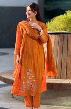 Very Attractive Orange Pure Cotton Suit Set with Floral Handwork