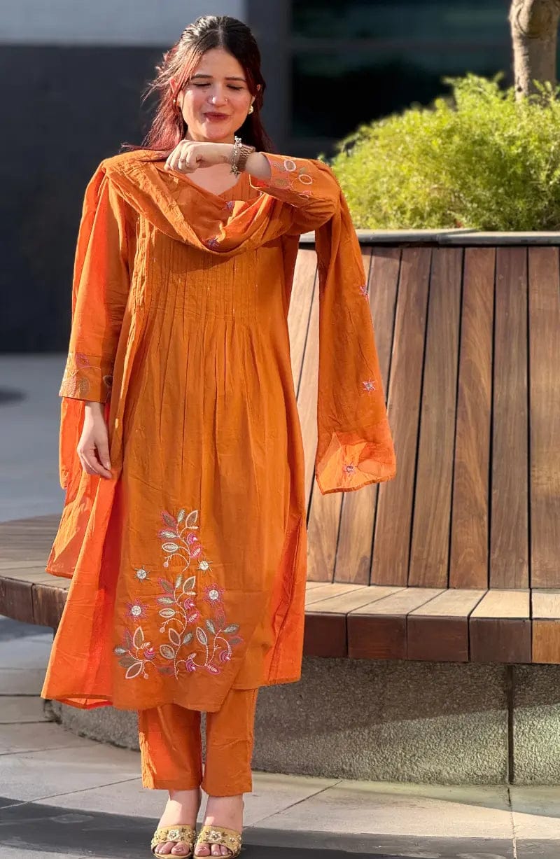 Very Attractive Orange Pure Cotton Suit Set with Floral Handwork