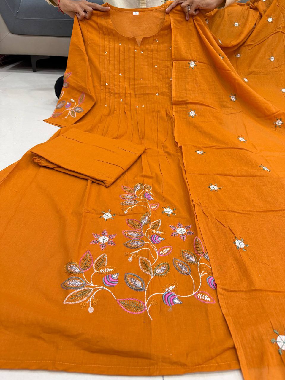 Very Attractive Orange Pure Cotton Suit Set with Floral Handwork