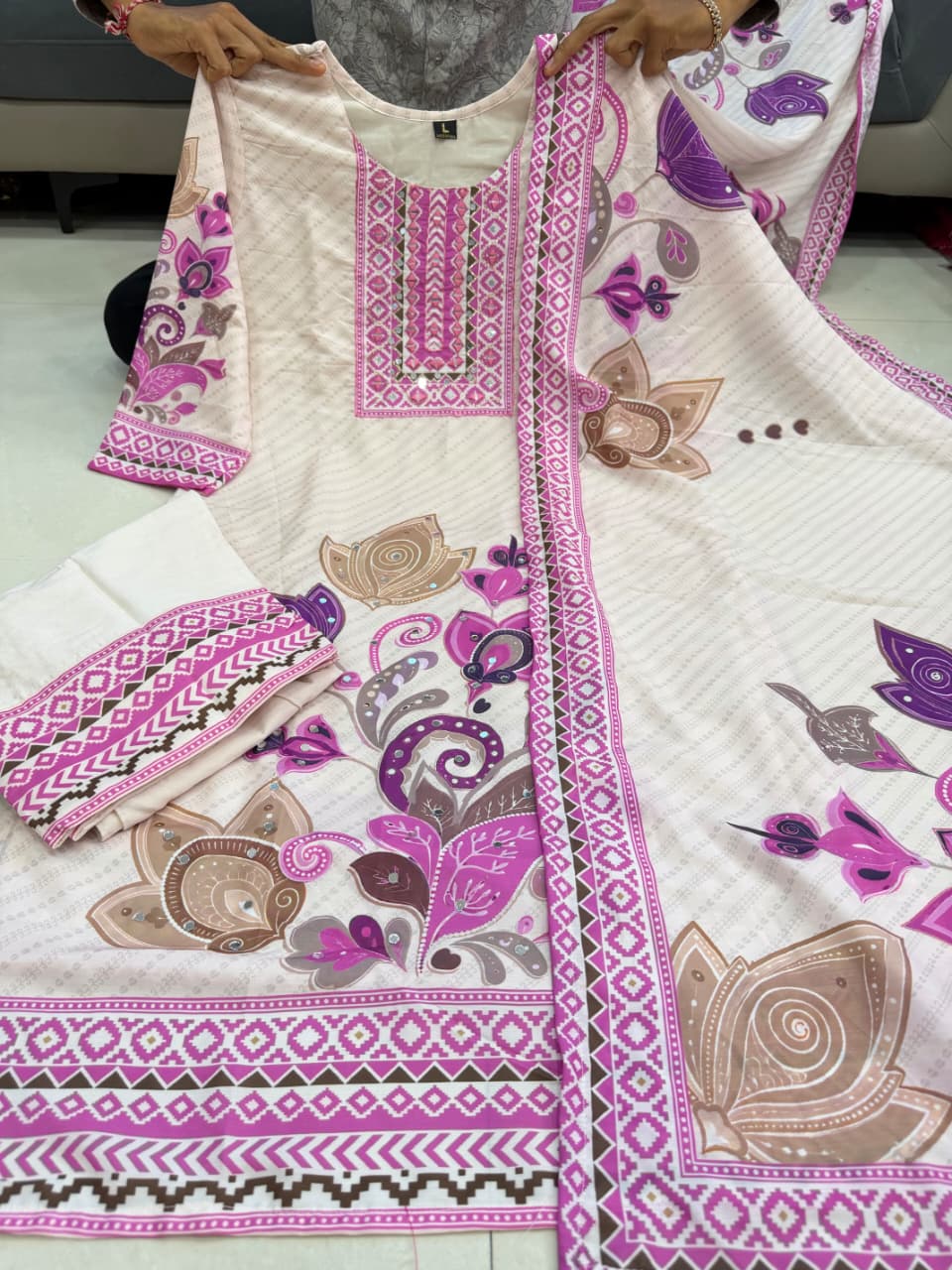 Very Attractive Pure Soft Raspberry Silk Suit Set with Floral Prints and Tassels