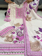 Very Attractive Pure Soft Raspberry Silk Suit Set with Floral Prints and Tassels