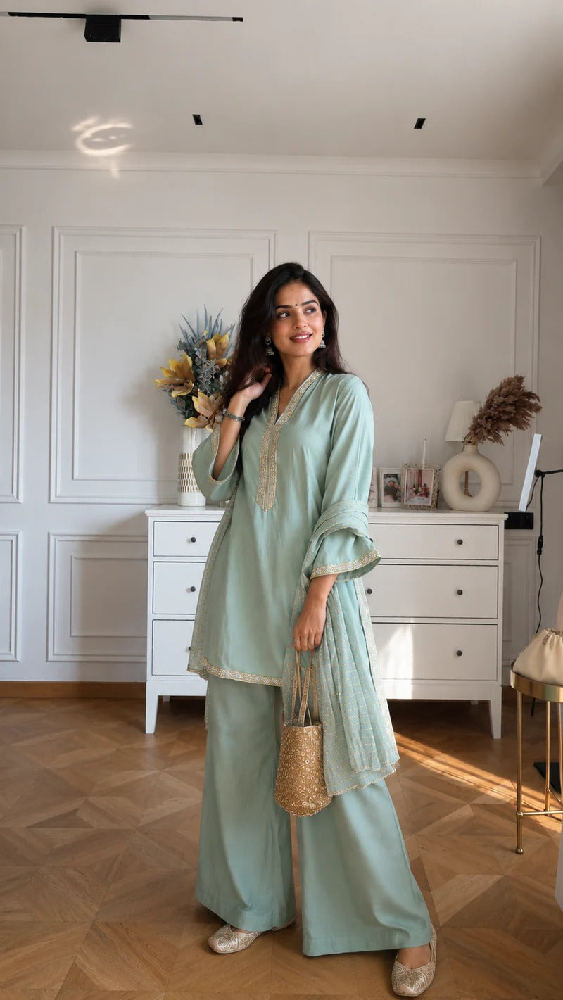 Natasa Inspired Embroidered Kurta Palazzo Set