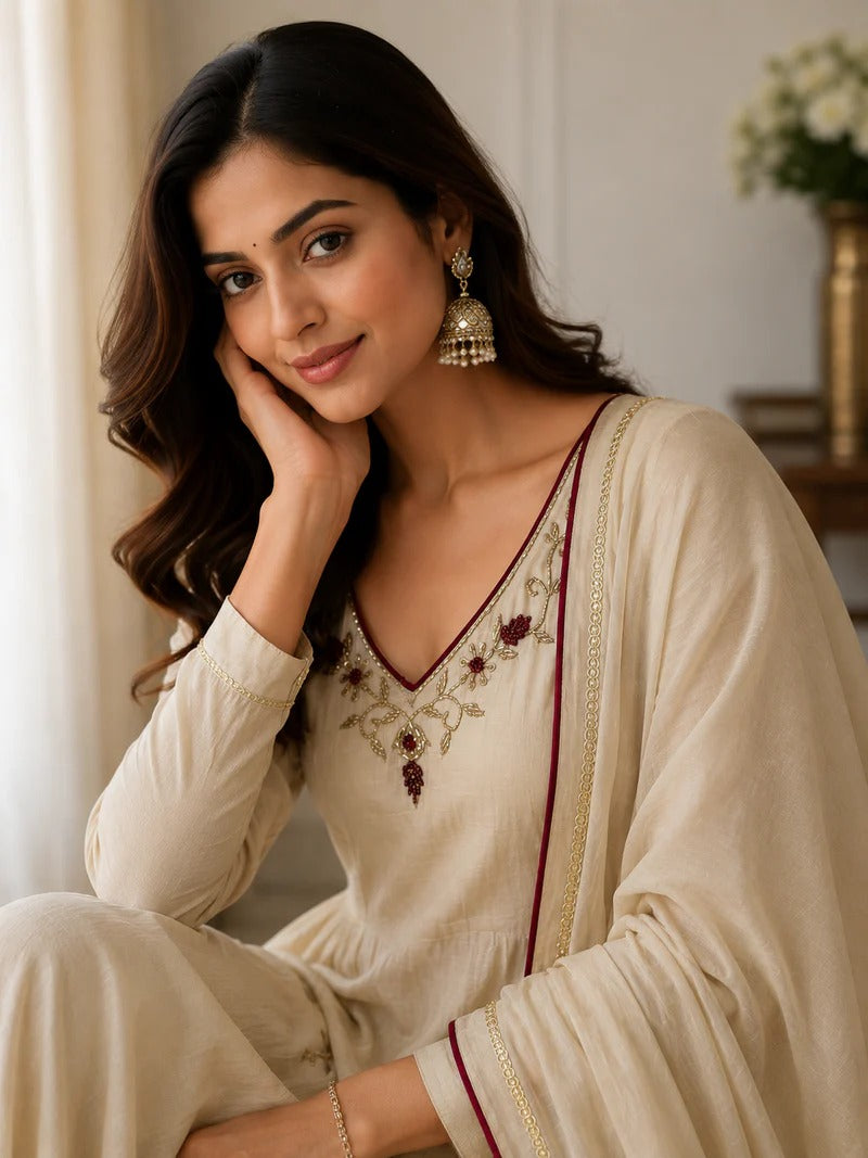 Very Attractive Pure Mul Chanderi Embroidered Anarkali Set