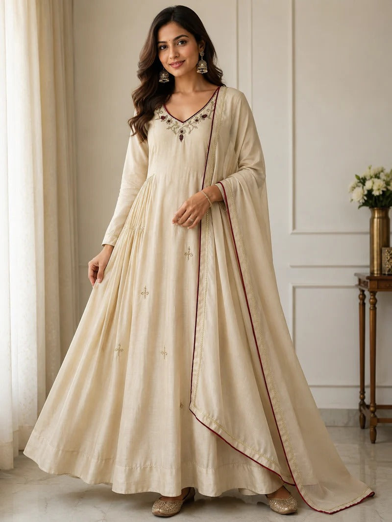 Very Attractive Pure Mul Chanderi Embroidered Anarkali Set