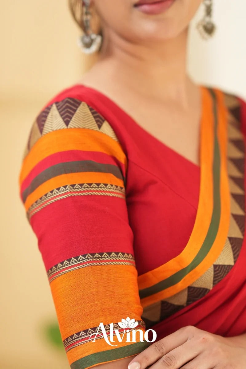 Red Handloom Narayanpet Pure Cotton Saree With Blouse