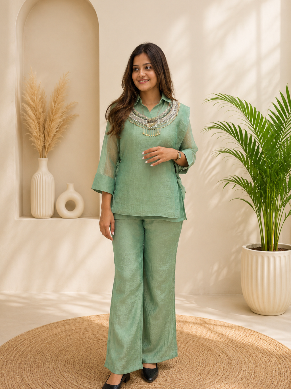 Elegant Sage Green Salsa Crushed Festive Co-Ord Set