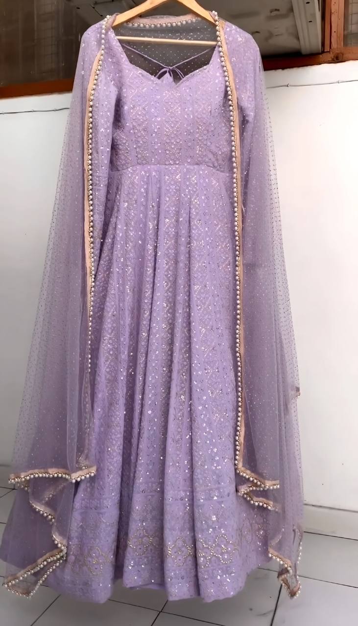 LAVENDER SEQUINS & ZARI EMBROIDERED SOFT GEORGETTE STITCHED ANARKALI SET