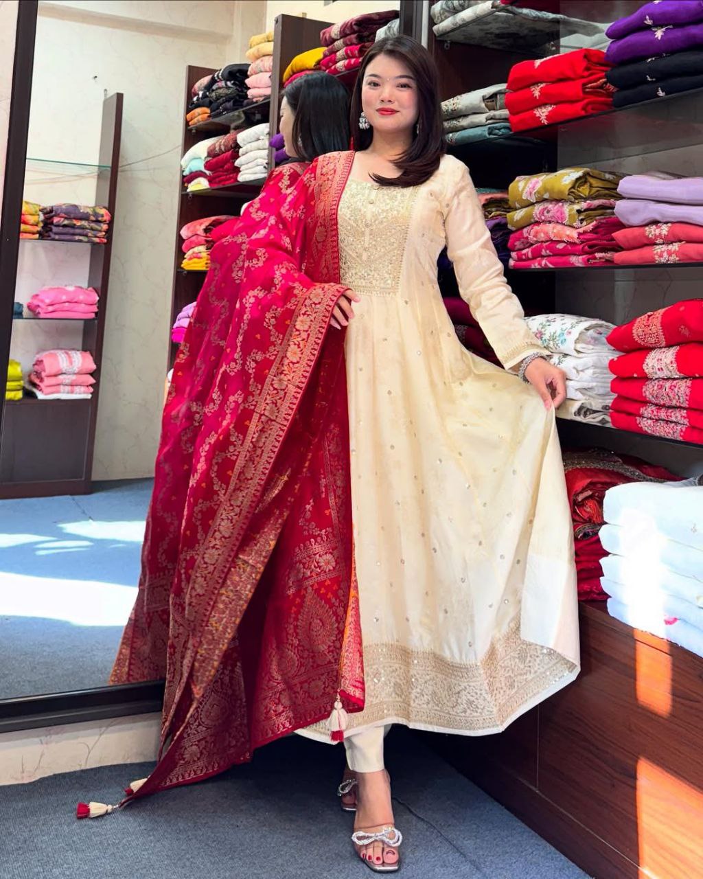 MOST ATTRACTIVE BANANA SILK ANARKALI STYLE SUIT SET