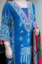 NAVY BLUE EMBROIDERED MUSLIN SUIT SET WITH PRINTED DUPATTA