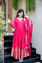 Rani Pink Banarasi Anarkali Suit – Handwork Neckline & Zari Flare