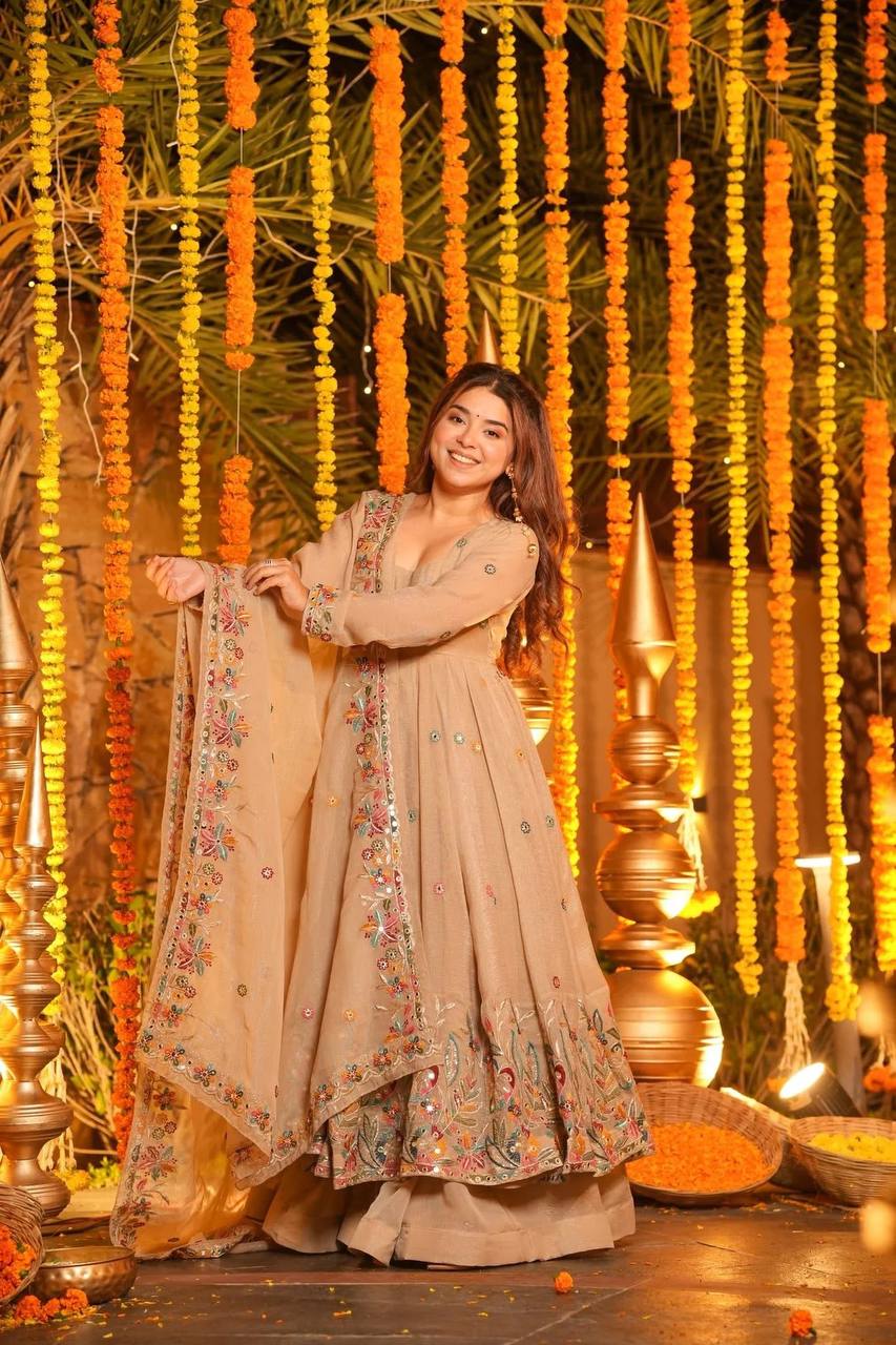 Mustani Beige Embroidered Anarkali Suit Set