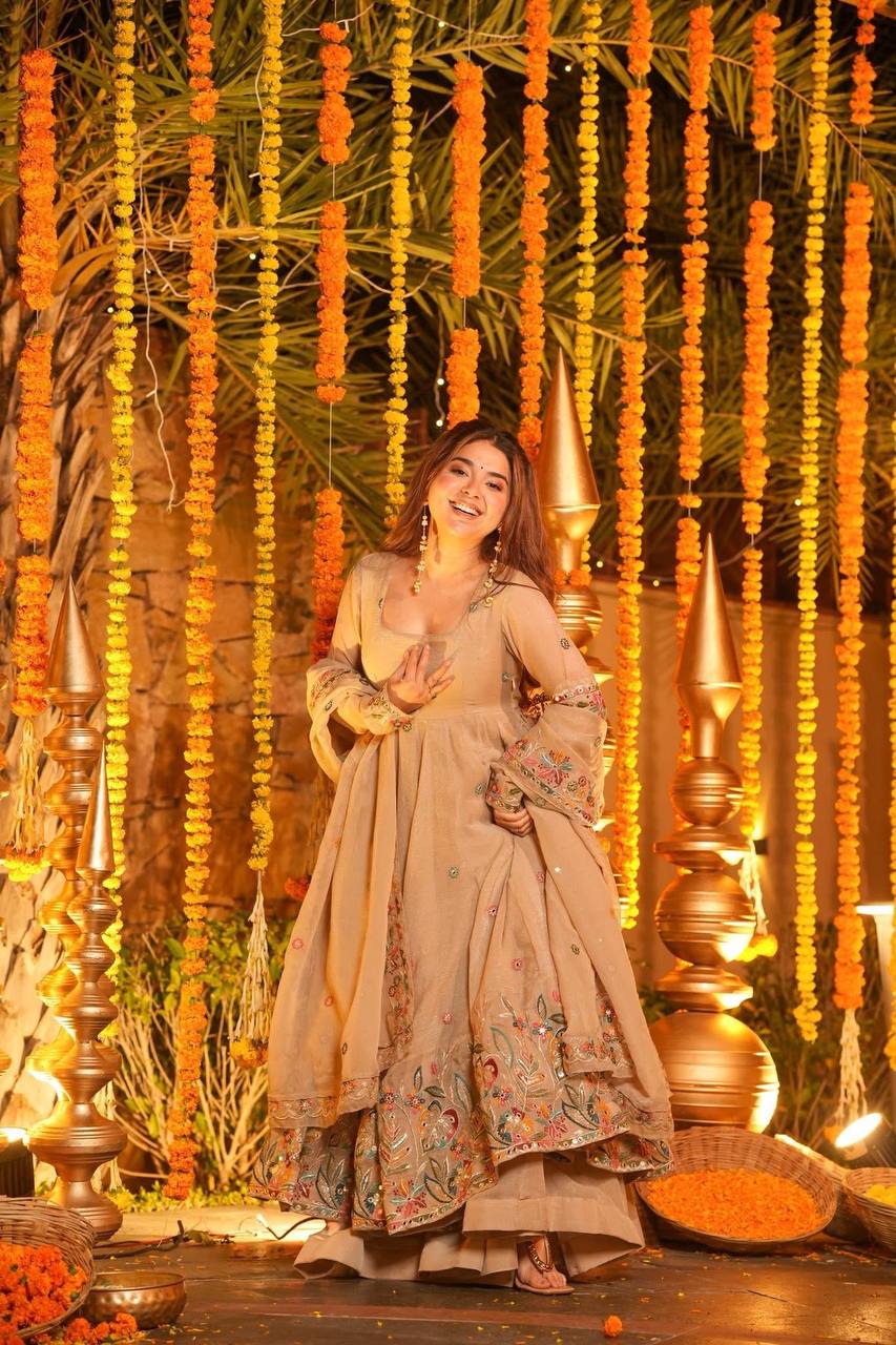 Mustani Beige Embroidered Anarkali Suit Set