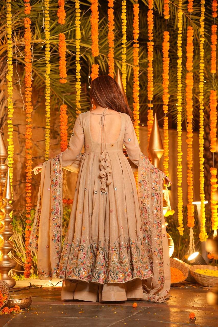 Mustani Beige Embroidered Anarkali Suit Set