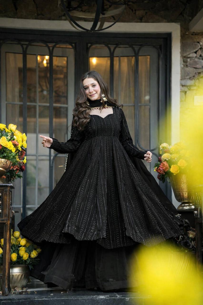 Black Lakhnavi Embroidered Work Anarkali Suit Set
