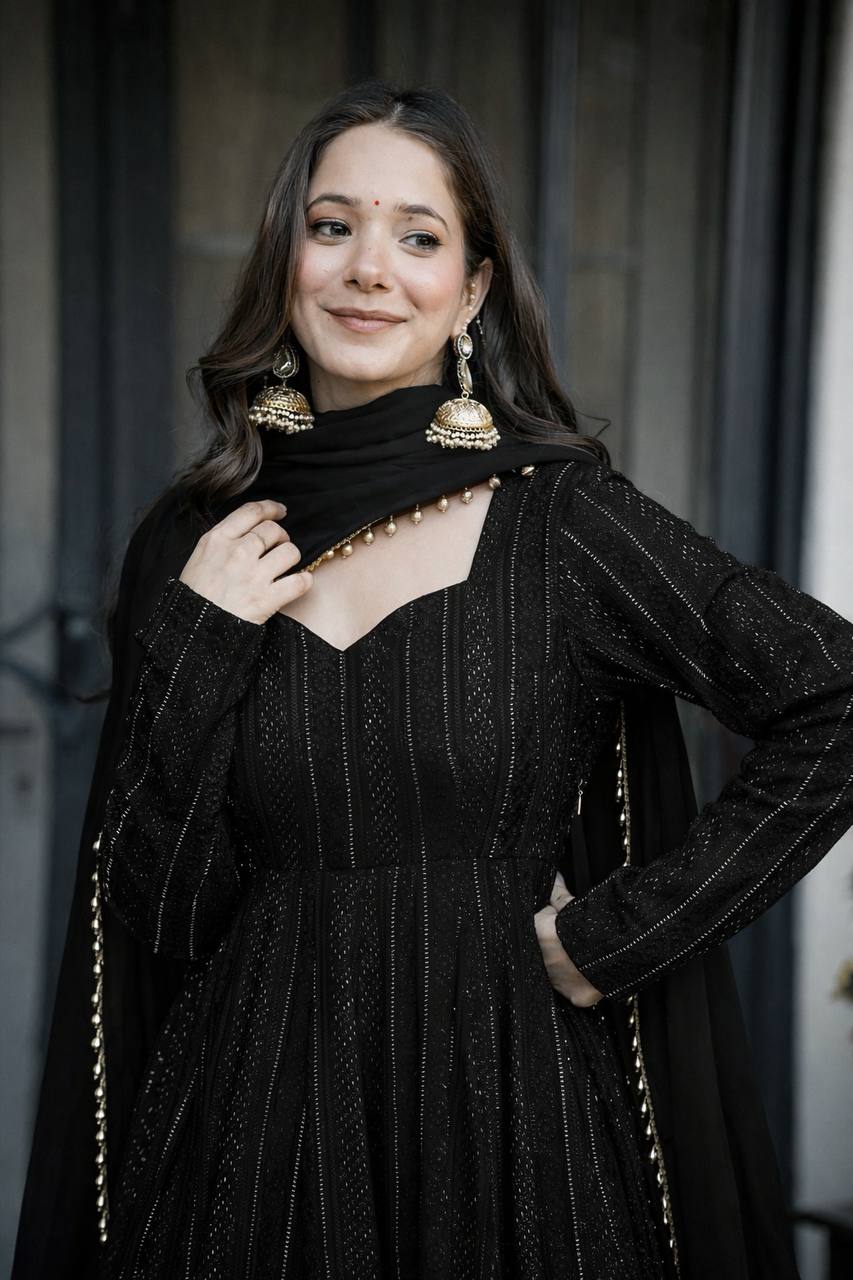 Black Lakhnavi Embroidered Work Anarkali Suit Set
