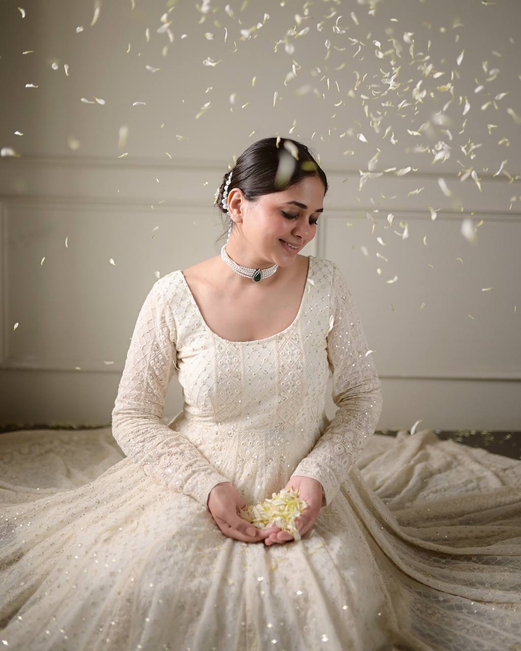 WHITE SEQUINS & ZARI EMBROIDERED SOFT GEORGETTE STITCHED ANARKALI SET