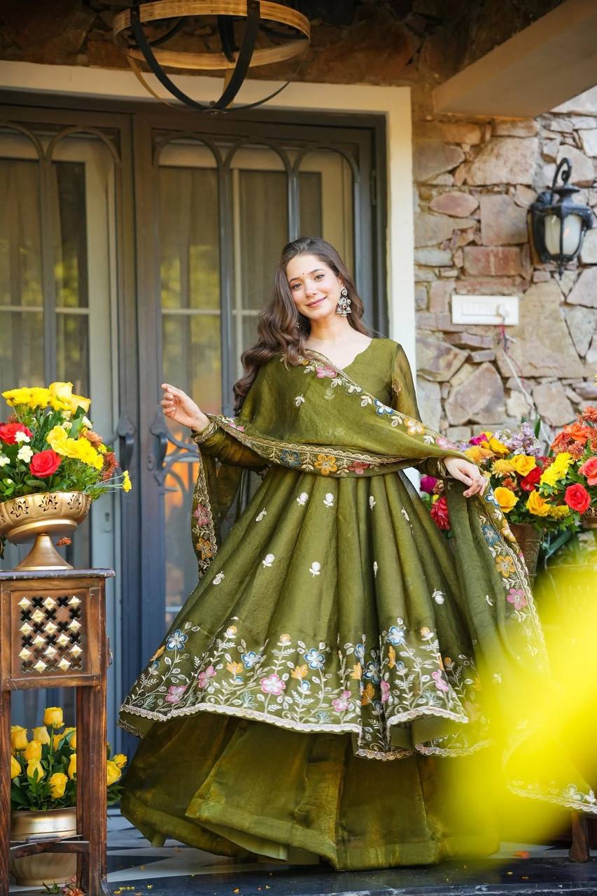 Premium Crunchy Silk Embroidered Anarkali Suit Set with Sharara & Dupatta (3 PCS)