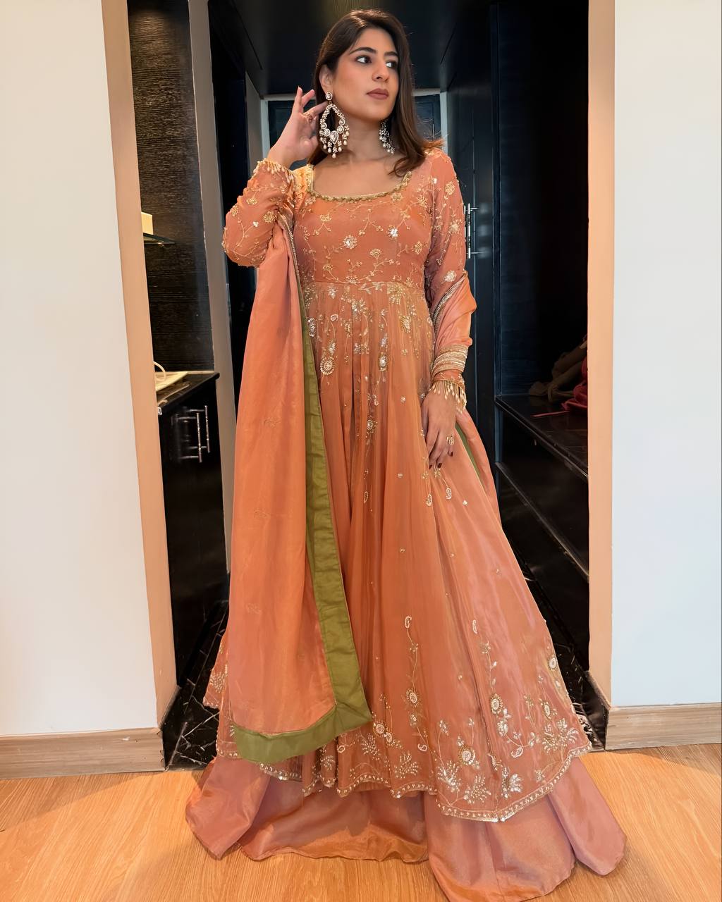 Peach Georgette Embroidered Top Lehenga Set