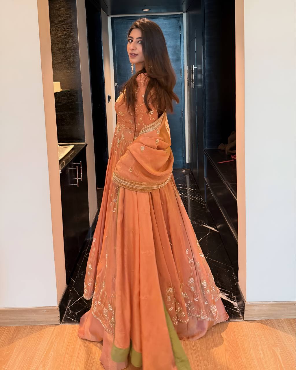 Peach Georgette Embroidered Top Lehenga Set
