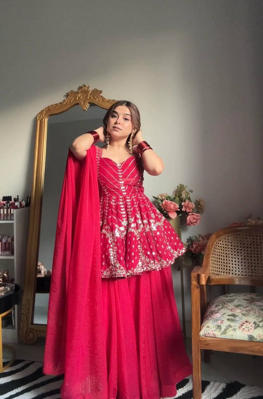 Premium Designer Sharara Pink Slit Suit Set [3 PIS]