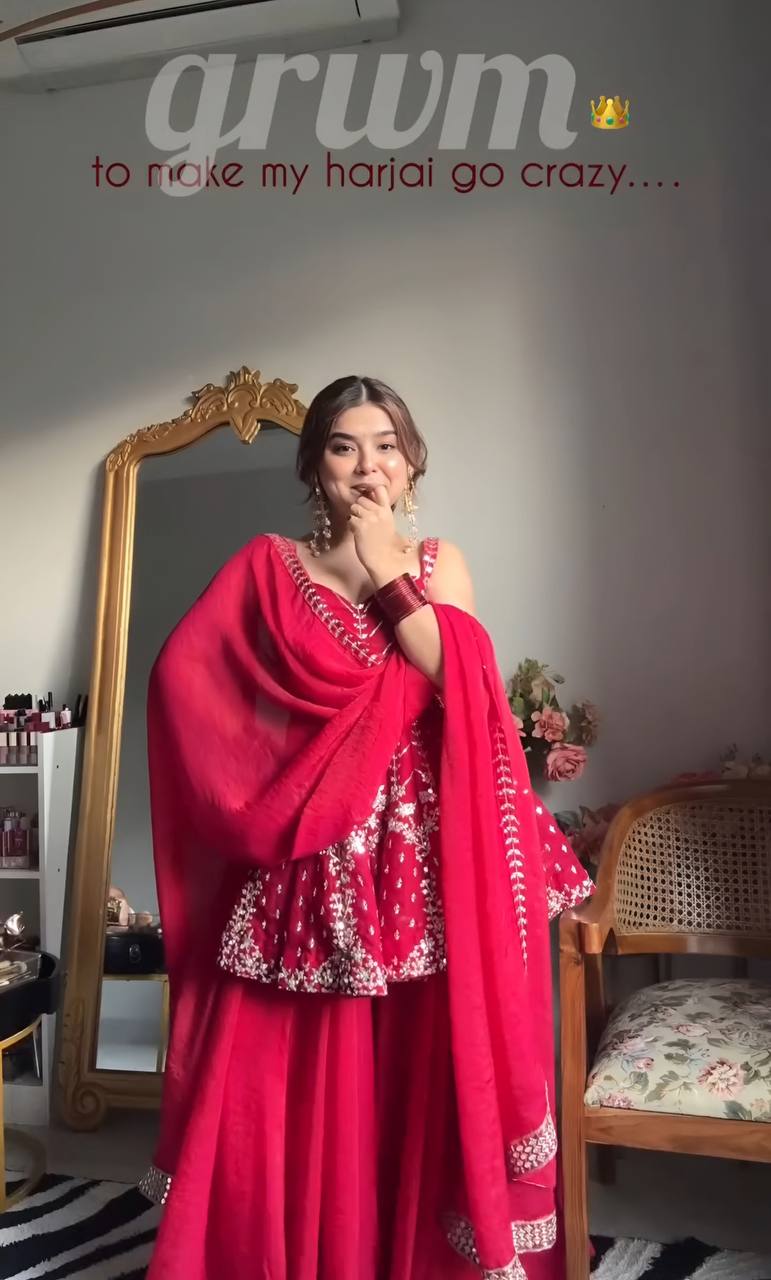 Premium Designer Sharara Pink Slit Suit Set [3 PIS]