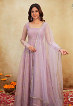 Organza Anarkali Suit with Rose Motif Embroidery & Net Dupatta