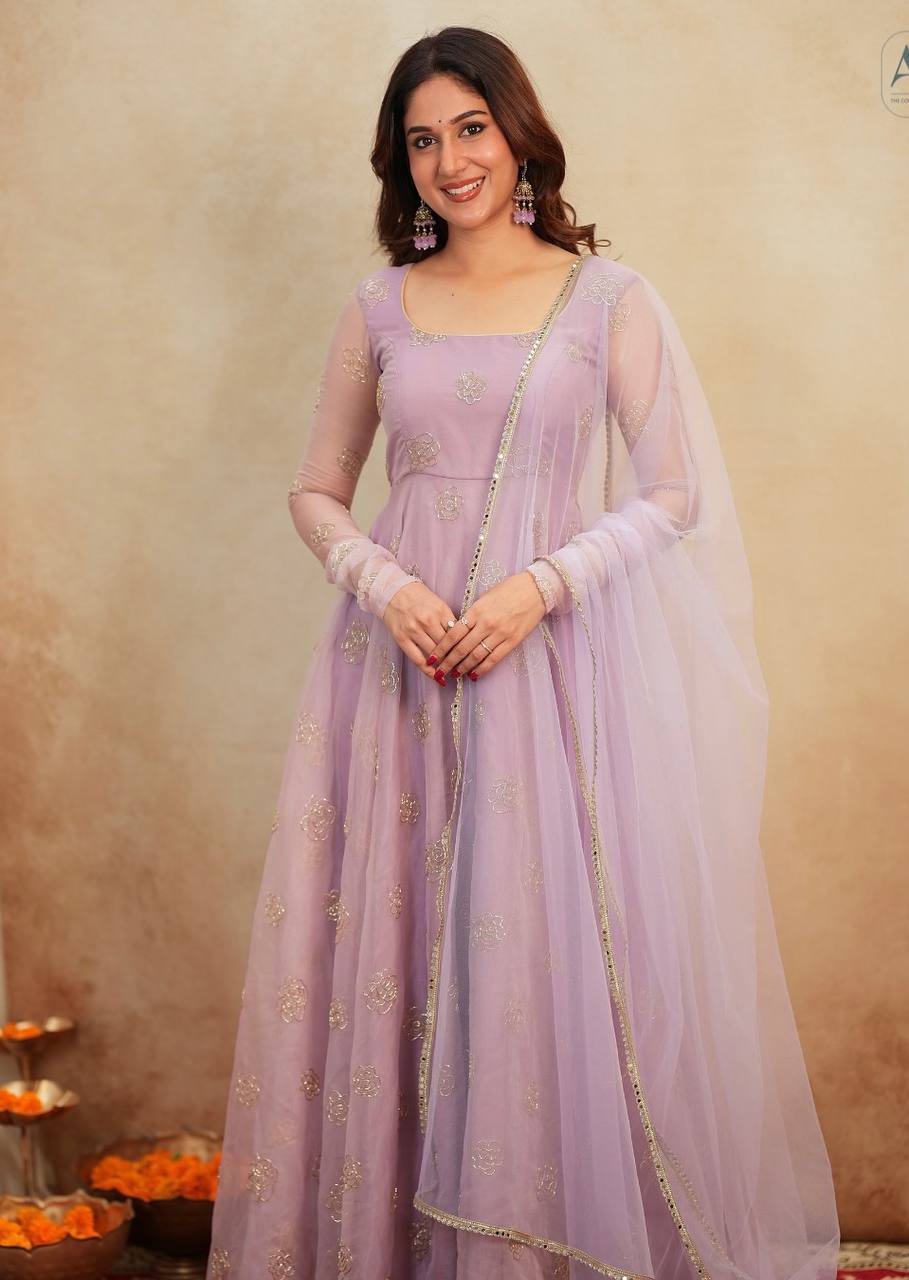Organza Anarkali Suit with Rose Motif Embroidery & Net Dupatta