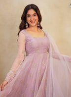 Organza Anarkali Suit with Rose Motif Embroidery & Net Dupatta