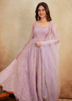 Organza Anarkali Suit with Rose Motif Embroidery & Net Dupatta