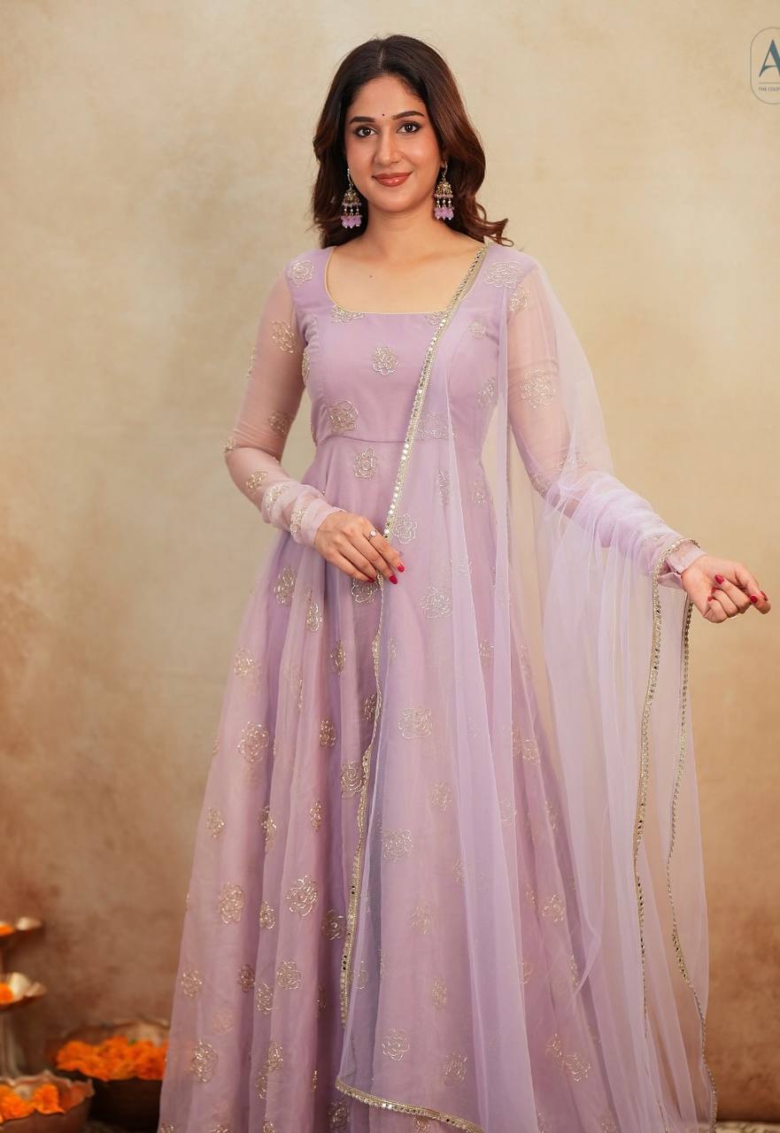 Organza Anarkali Suit with Rose Motif Embroidery & Net Dupatta