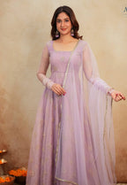 Organza Anarkali Suit with Rose Motif Embroidery & Net Dupatta
