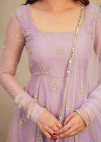 Organza Anarkali Suit with Rose Motif Embroidery & Net Dupatta