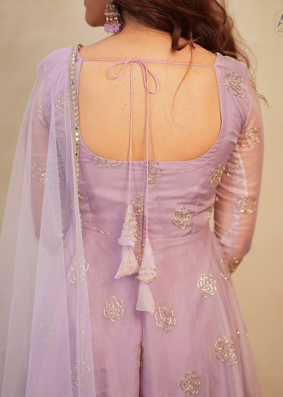 Organza Anarkali Suit with Rose Motif Embroidery & Net Dupatta