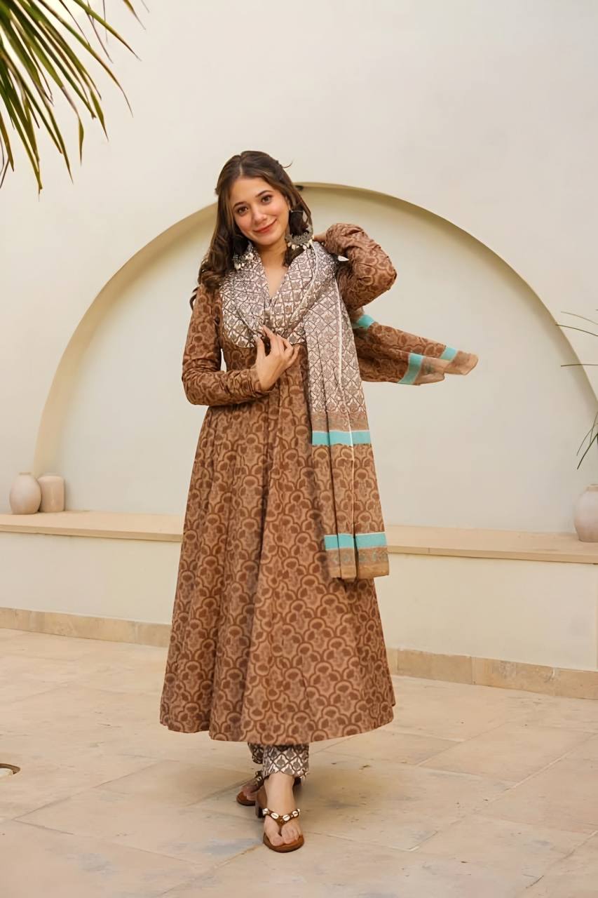 Premium Light Brown Designer Maslin Digital Print Anarkali Suit