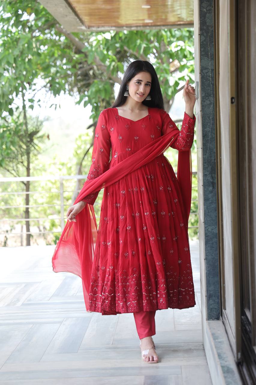 PREMIUM DESIGNER MAROON COLOURED ANARKALI SUIT SET