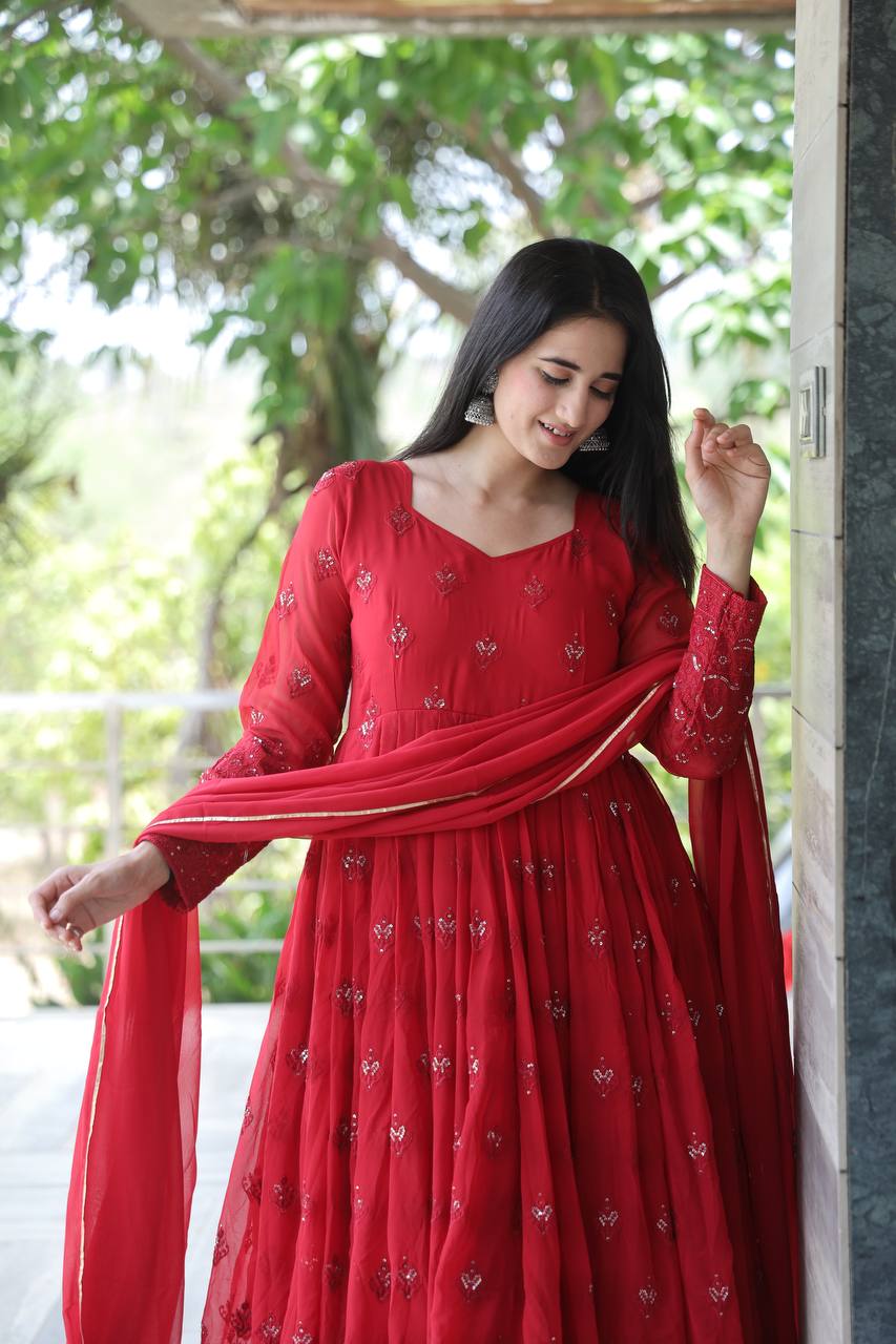 PREMIUM DESIGNER MAROON COLOURED ANARKALI SUIT SET