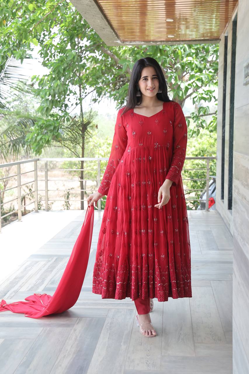 PREMIUM DESIGNER MAROON COLOURED ANARKALI SUIT SET