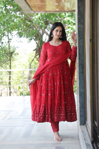 PREMIUM DESIGNER MAROON COLOURED ANARKALI SUIT SET
