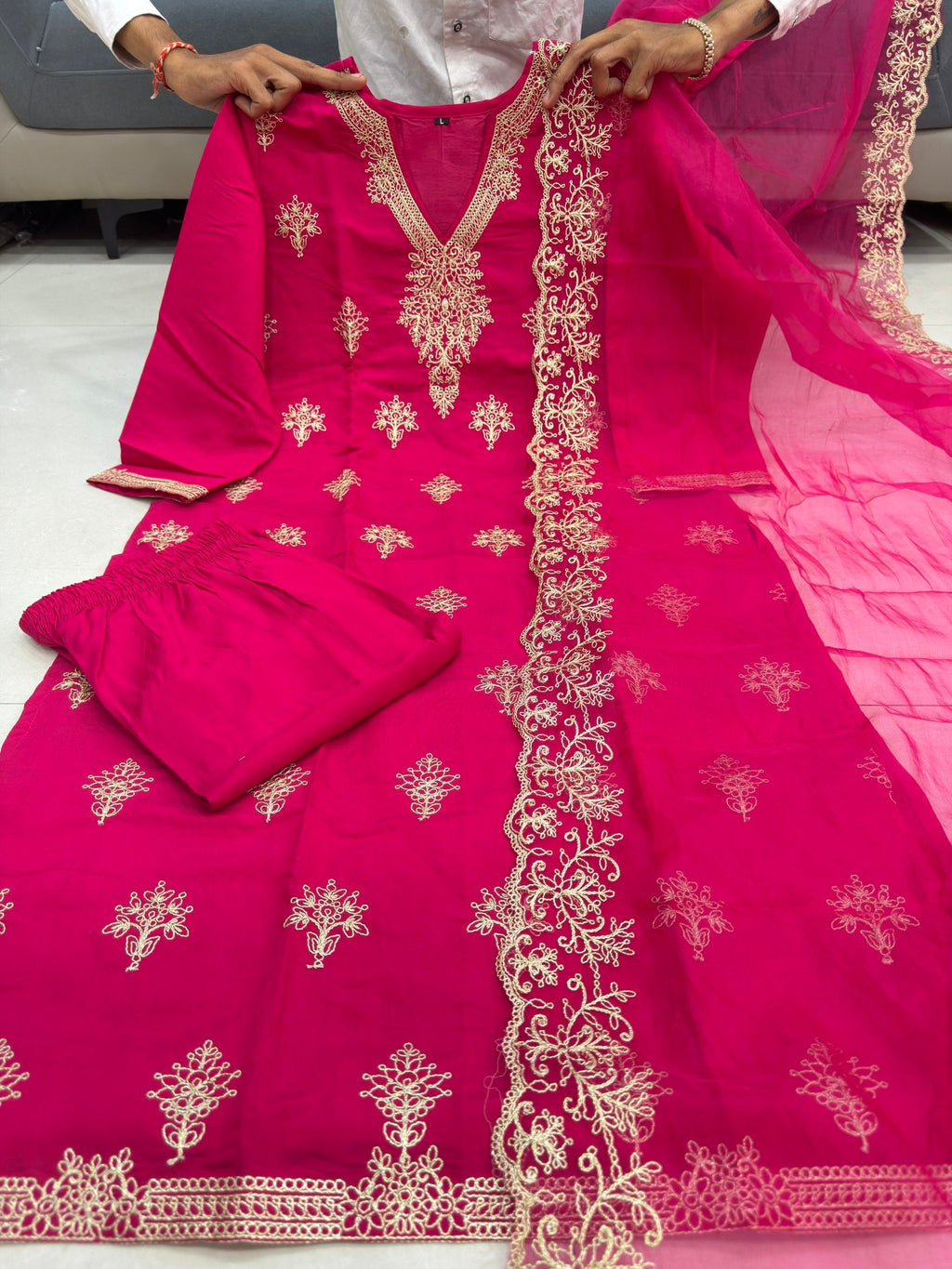 Pink Embroidered Berry Silk Suit Set for Women's