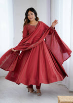 Elegant Maroon Roman Chanderi Silk Anarkali Suit Set with Embroidered Dupatta