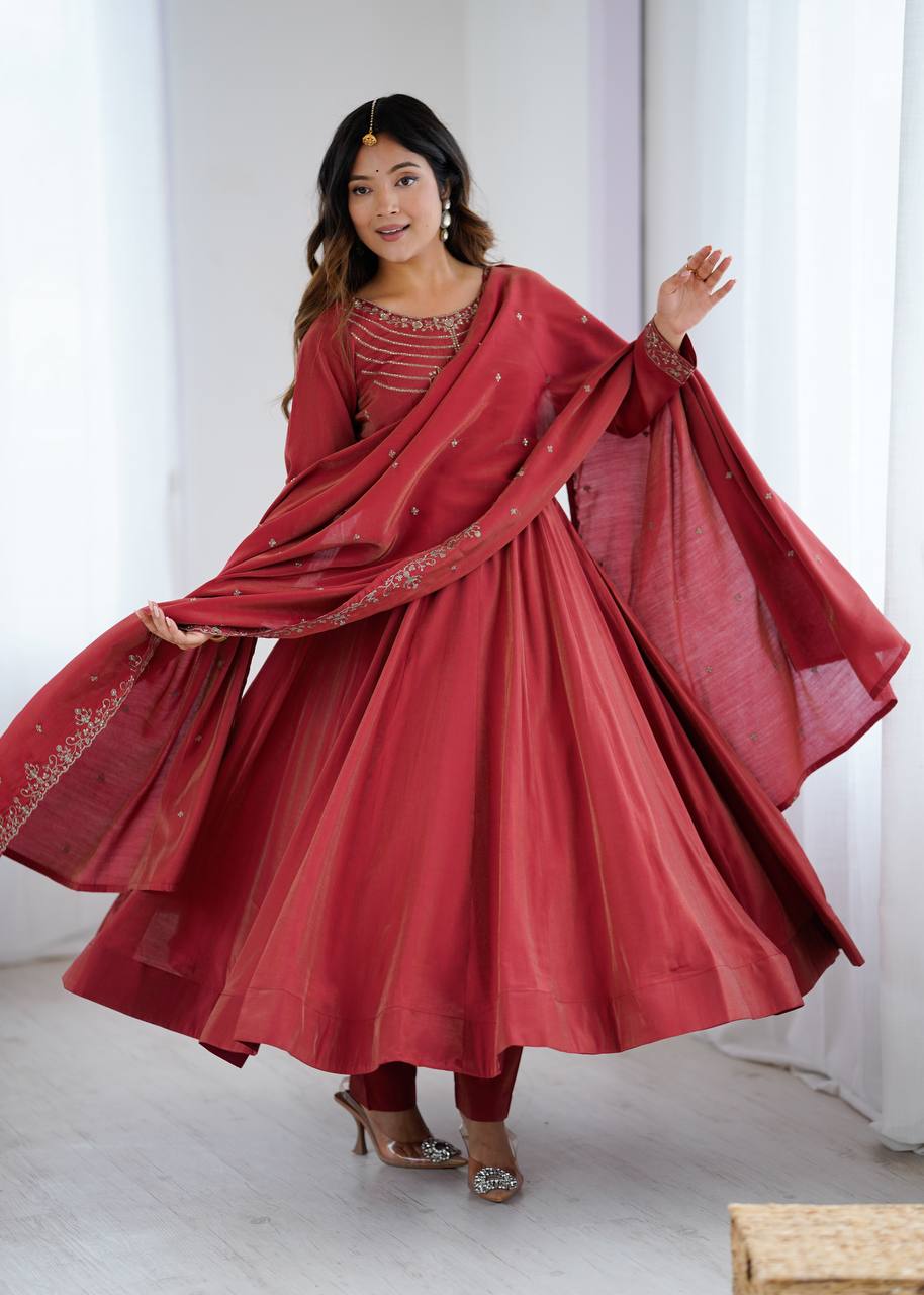 Elegant Maroon Roman Chanderi Silk Anarkali Suit Set with Embroidered Dupatta