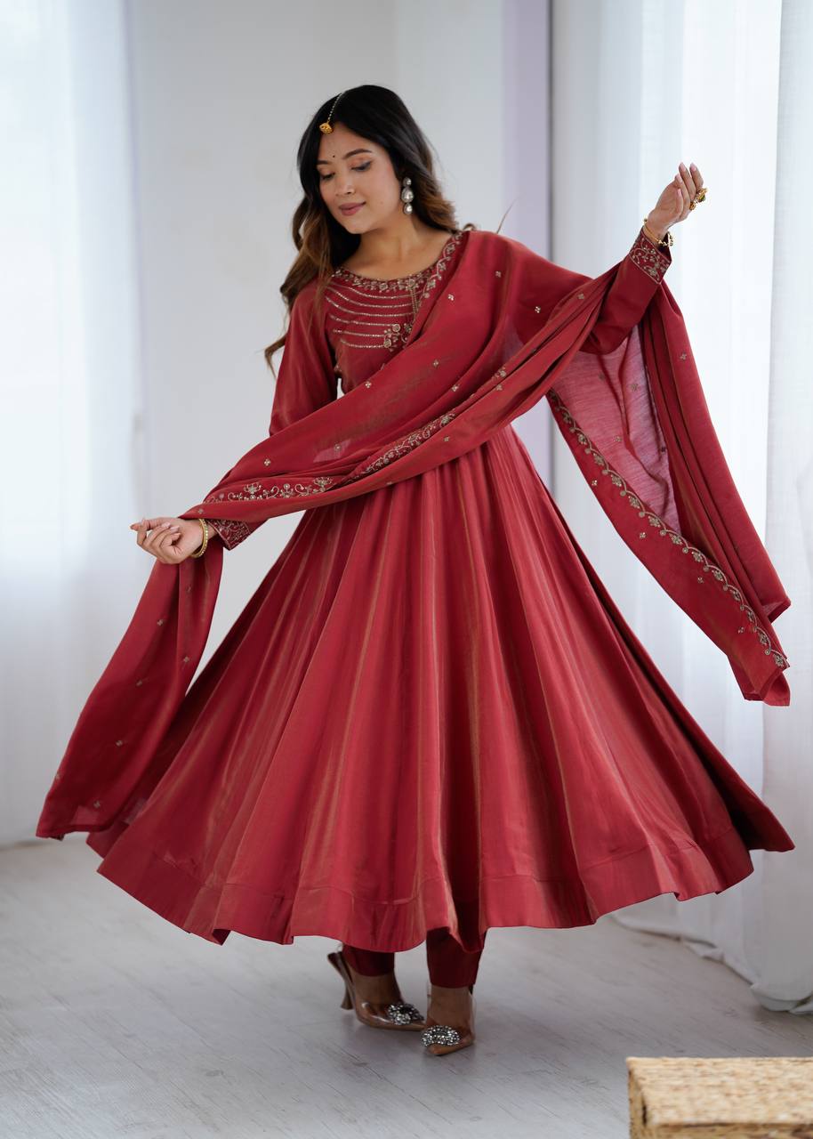 Elegant Maroon Roman Chanderi Silk Anarkali Suit Set with Embroidered Dupatta