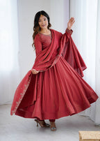 Elegant Maroon Roman Chanderi Silk Anarkali Suit Set with Embroidered Dupatta