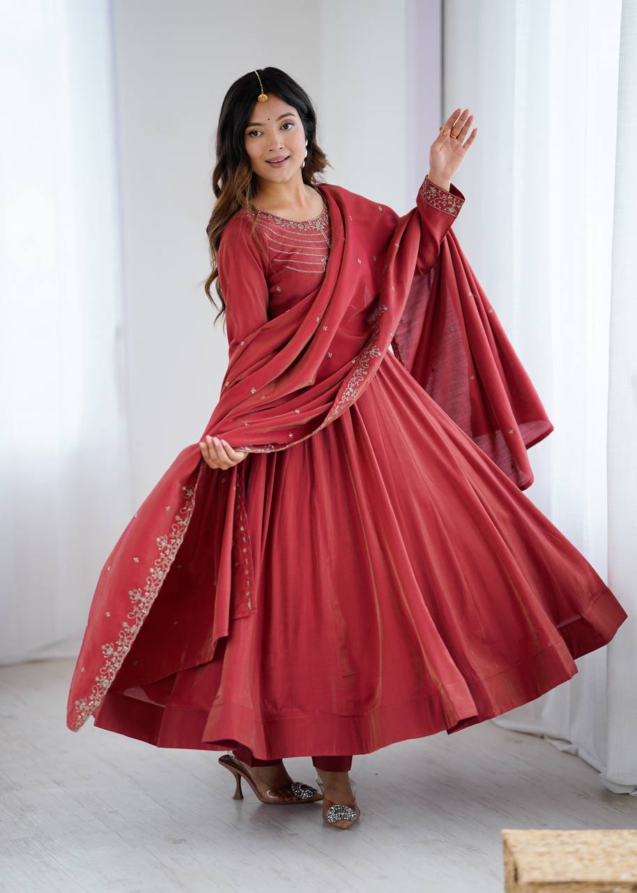 Elegant Maroon Roman Chanderi Silk Anarkali Suit Set with Embroidered Dupatta