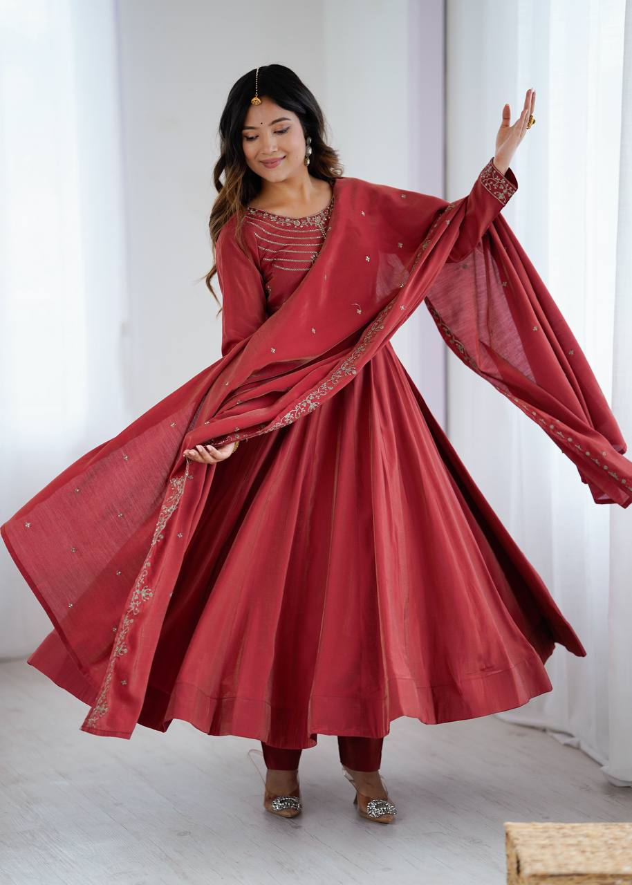 Elegant Maroon Roman Chanderi Silk Anarkali Suit Set with Embroidered Dupatta