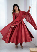 Elegant Maroon Roman Chanderi Silk Anarkali Suit Set with Embroidered Dupatta