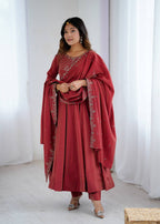 Elegant Maroon Roman Chanderi Silk Anarkali Suit Set with Embroidered Dupatta