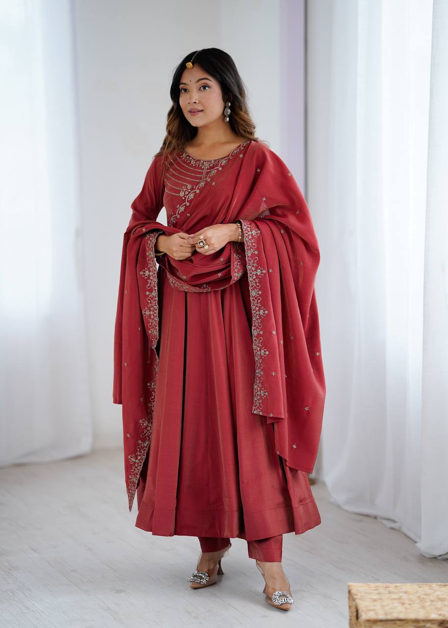 Elegant Maroon Roman Chanderi Silk Anarkali Suit Set with Embroidered Dupatta